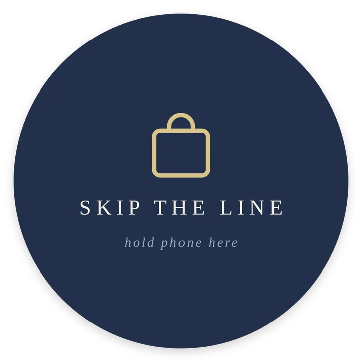 Round sticker: skip the line, order online, hold phone here