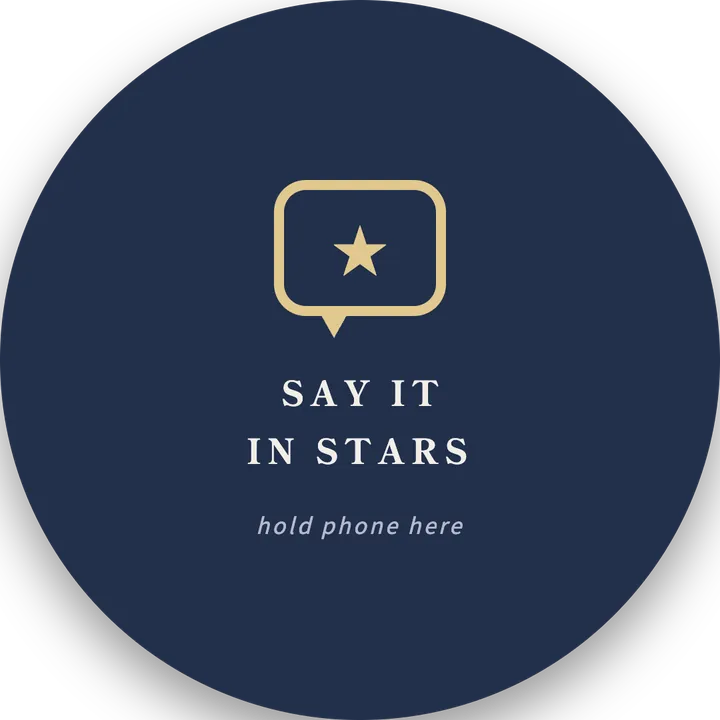 Round sticker: say it in stars, leave a review, hold phone here